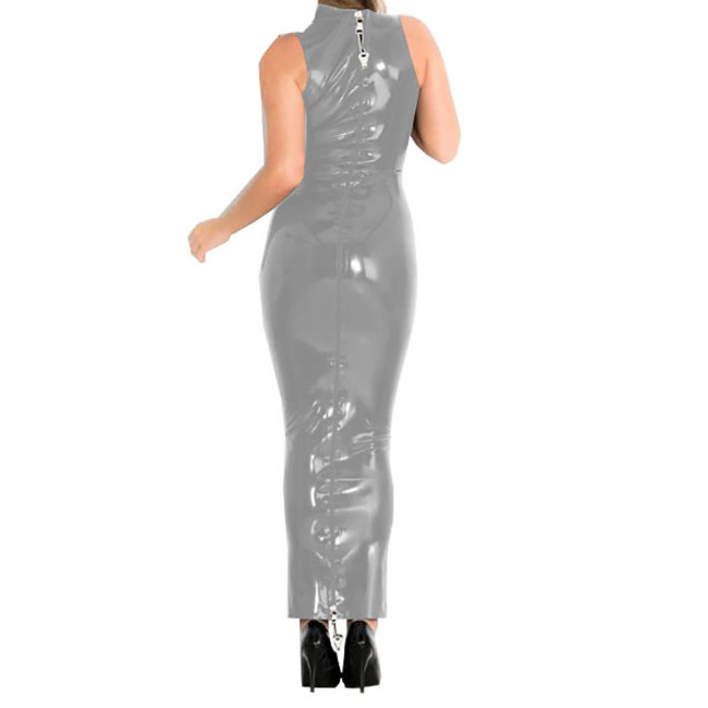Lockable Zipper Sexy Dress for Women Shiny PVC Leather Bodycon Hobble Maxi Dress Party Faux Latex Sissy Sleeveless Summer Dress