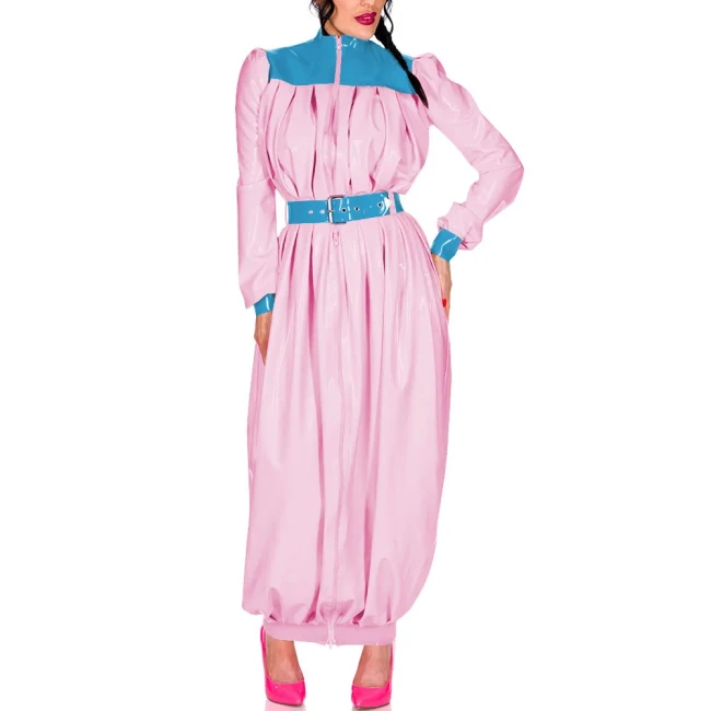 Elegant Retro Pleat Maxi Dress Exotic Loose Lantern Long Women Dress Wetlook Clothes Party Waistband Mock Neck Maresha Dresses