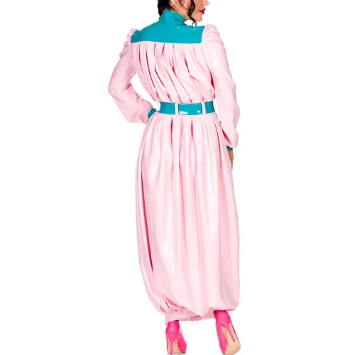 Elegant Retro Pleat Maxi Dress Exotic Loose Lantern Long Women Dress Wetlook Clothes Party Waistband Mock Neck Maresha Dresses