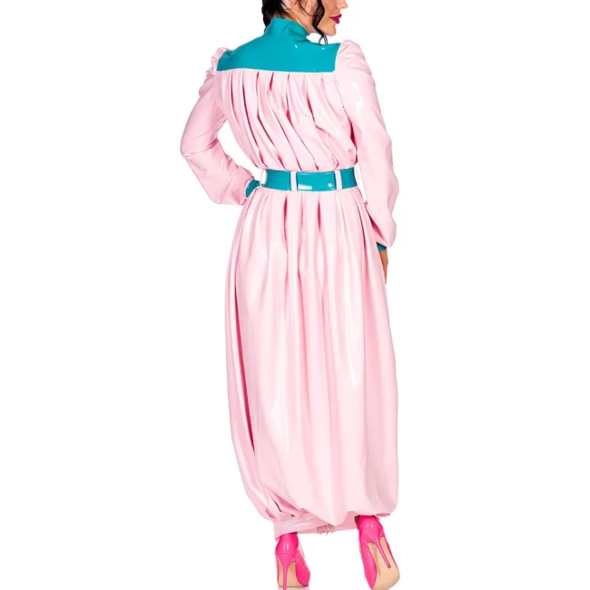 Elegant Retro Pleat Maxi Dress Exotic Loose Lantern Long Women Dress Wetlook Clothes Party Waistband Mock Neck Maresha Dresses