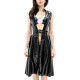 Novelty Adjustable Belt Midi Dress for Unisex Adult Stand Collar Sleeveless A-line Pleated Mistress Sexy Open Bust Exotic Attire