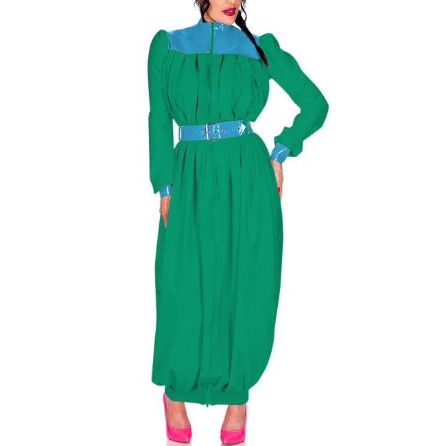 Elegant Retro Pleat Maxi Dress Exotic Loose Lantern Long Women Dress Wetlook Clothes Party Waistband Mock Neck Maresha Dresses
