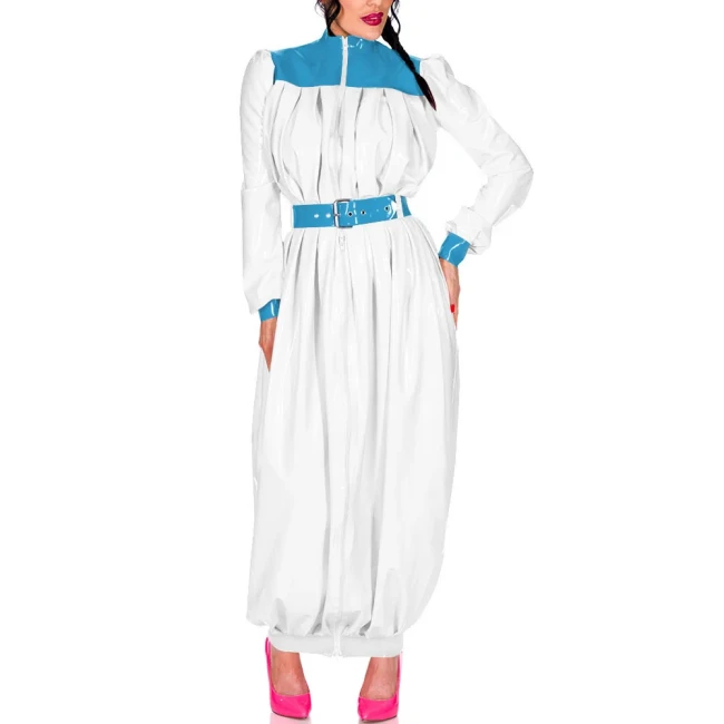 Elegant Retro Pleat Maxi Dress Exotic Loose Lantern Long Women Dress Wetlook Clothes Party Waistband Mock Neck Maresha Dresses