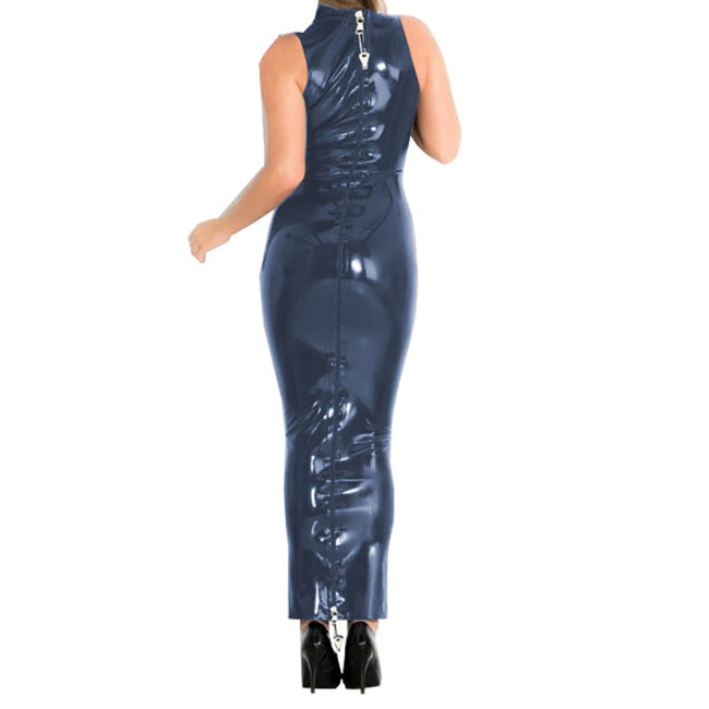 Lockable Zipper Sexy Dress for Women Shiny PVC Leather Bodycon Hobble Maxi Dress Party Faux Latex Sissy Sleeveless Summer Dress