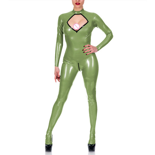 Exotic Chest Hollow Catsuit Cosplay Sexy Costume Spandex PVC Leather Jumpsuit Women Long Sleeve Open Crotch Overalls Fetish Wear
