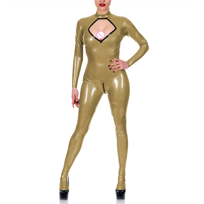 Exotic Chest Hollow Catsuit Cosplay Sexy Costume Spandex PVC Leather Jumpsuit Women Long Sleeve Open Crotch Overalls Fetish Wear