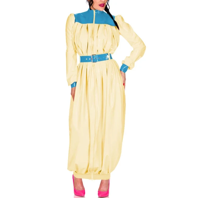 Elegant Retro Pleat Maxi Dress Exotic Loose Lantern Long Women Dress Wetlook Clothes Party Waistband Mock Neck Maresha Dresses