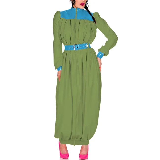 Elegant Retro Pleat Maxi Dress Exotic Loose Lantern Long Women Dress Wetlook Clothes Party Waistband Mock Neck Maresha Dresses