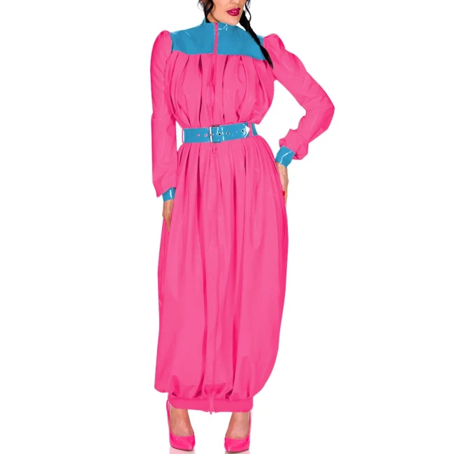 Elegant Retro Pleat Maxi Dress Exotic Loose Lantern Long Women Dress Wetlook Clothes Party Waistband Mock Neck Maresha Dresses
