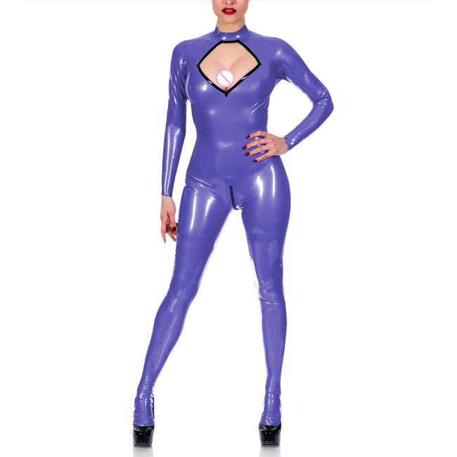 Exotic Chest Hollow Catsuit Cosplay Sexy Costume Spandex PVC Leather Jumpsuit Women Long Sleeve Open Crotch Overalls Fetish Wear