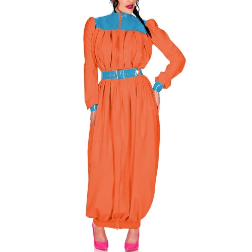 Elegant Retro Pleat Maxi Dress Exotic Loose Lantern Long Women Dress Wetlook Clothes Party Waistband Mock Neck Maresha Dresses