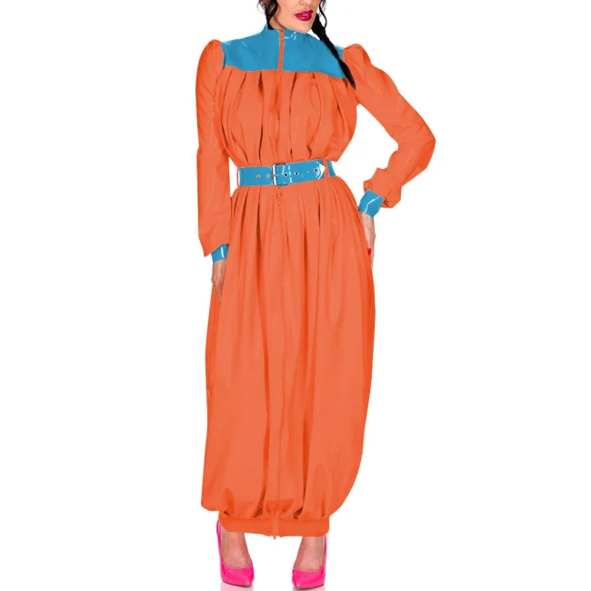 Elegant Retro Pleat Maxi Dress Exotic Loose Lantern Long Women Dress Wetlook Clothes Party Waistband Mock Neck Maresha Dresses