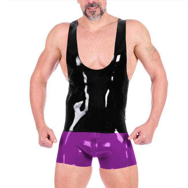Men Wet Look Patent Leather Short Sets Sexy Lingerie PVC Shiny U-neck Sleeveless Tank Top with Zipper Open Crotch Shorts Clubwer