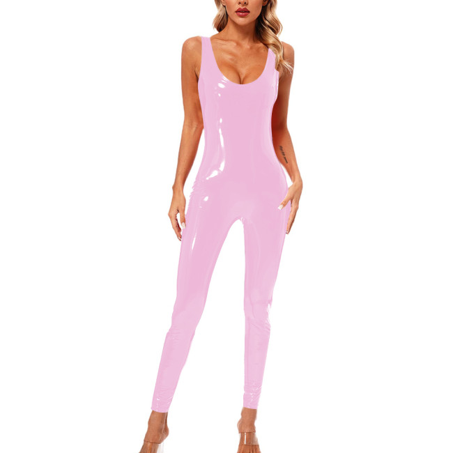 Sexy Ladies Jumpsuit Wetlook Patent Leather Sleeveless Rompers Women Party Candy Color Skinny Trousers Catsuit Cosplay Bodysuit