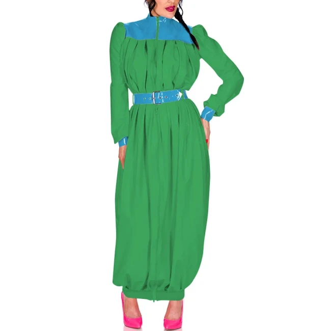 Elegant Retro Pleat Maxi Dress Exotic Loose Lantern Long Women Dress Wetlook Clothes Party Waistband Mock Neck Maresha Dresses