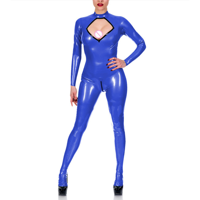 Exotic Chest Hollow Catsuit Cosplay Sexy Costume Spandex PVC Leather Jumpsuit Women Long Sleeve Open Crotch Overalls Fetish Wear