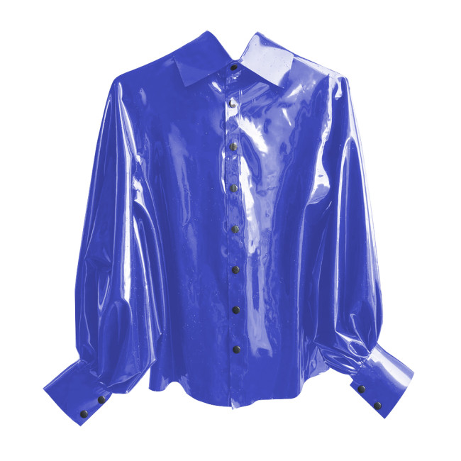 New Fashion Winter Clothes Women Shirt Shiny PVC Leather Lantern Sleeve Slim Fit Button Shirts Office Lady Casual Solid Tops