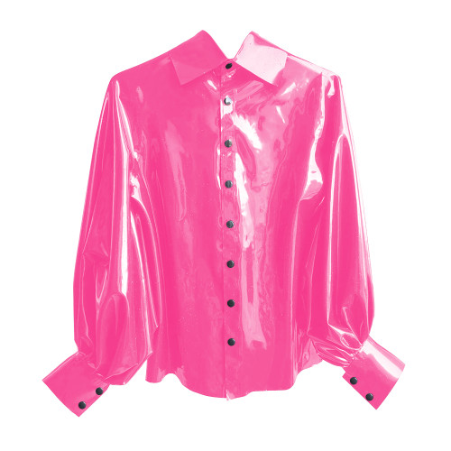 New Fashion Winter Clothes Women Shirt Shiny PVC Leather Lantern Sleeve Slim Fit Button Shirts Office Lady Casual Solid Tops