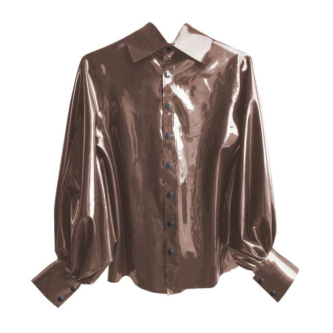 New Fashion Winter Clothes Women Shirt Shiny PVC Leather Lantern Sleeve Slim Fit Button Shirts Office Lady Casual Solid Tops