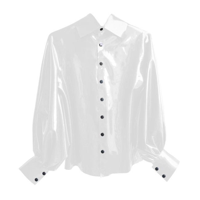 New Fashion Winter Clothes Women Shirt Shiny PVC Leather Lantern Sleeve Slim Fit Button Shirts Office Lady Casual Solid Tops