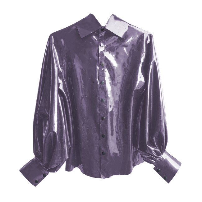 New Fashion Winter Clothes Women Shirt Shiny PVC Leather Lantern Sleeve Slim Fit Button Shirts Office Lady Casual Solid Tops