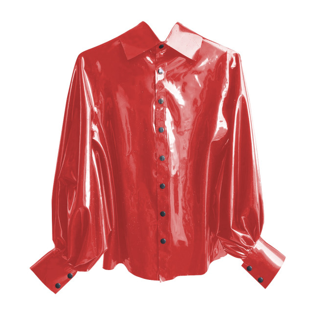 New Fashion Winter Clothes Women Shirt Shiny PVC Leather Lantern Sleeve Slim Fit Button Shirts Office Lady Casual Solid Tops