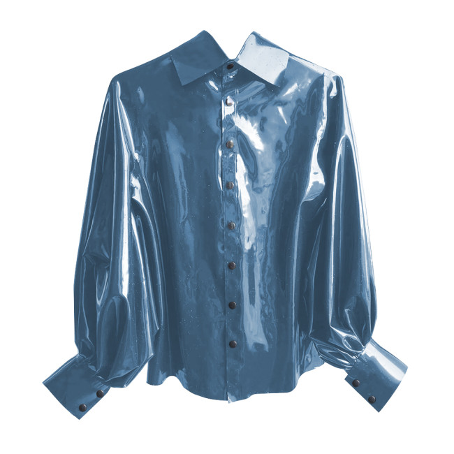 New Fashion Winter Clothes Women Shirt Shiny PVC Leather Lantern Sleeve Slim Fit Button Shirts Office Lady Casual Solid Tops