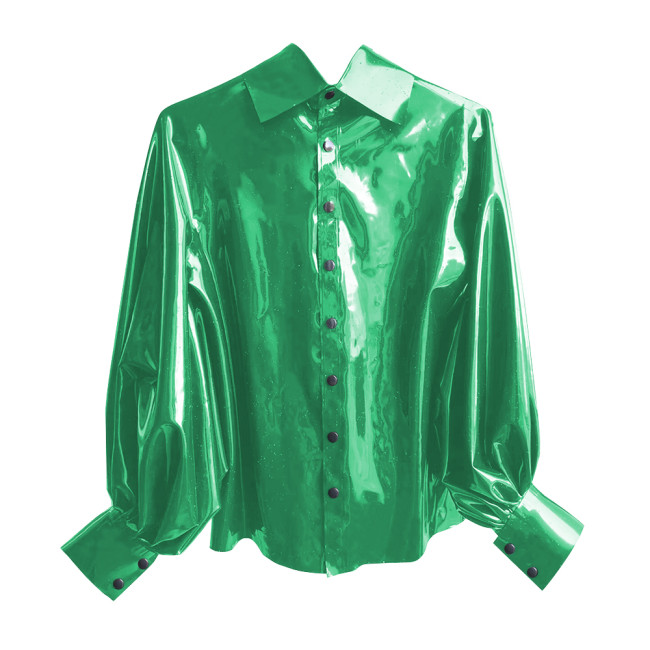 New Fashion Winter Clothes Women Shirt Shiny PVC Leather Lantern Sleeve Slim Fit Button Shirts Office Lady Casual Solid Tops