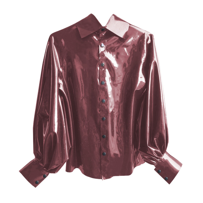 New Fashion Winter Clothes Women Shirt Shiny PVC Leather Lantern Sleeve Slim Fit Button Shirts Office Lady Casual Solid Tops