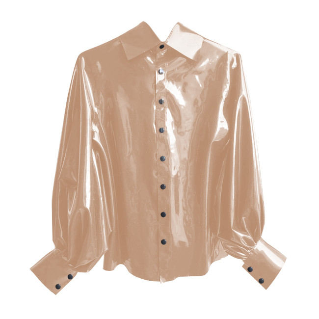 New Fashion Winter Clothes Women Shirt Shiny PVC Leather Lantern Sleeve Slim Fit Button Shirts Office Lady Casual Solid Tops