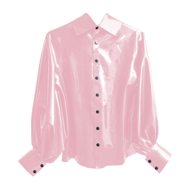 New Fashion Winter Clothes Women Shirt Shiny PVC Leather Lantern Sleeve Slim Fit Button Shirts Office Lady Casual Solid Tops