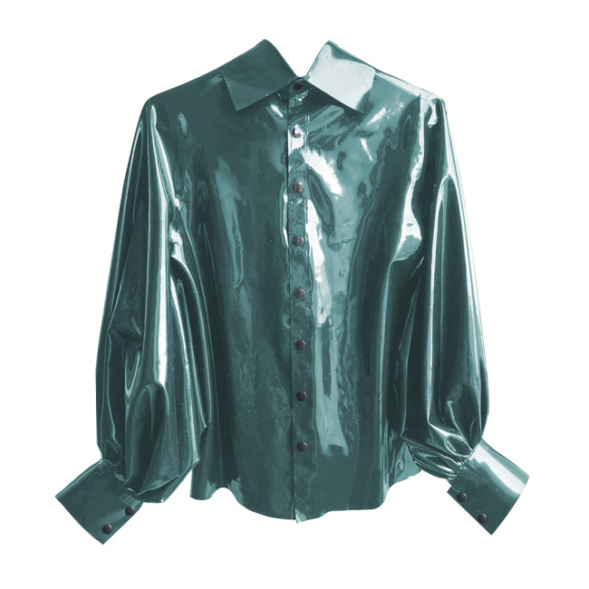 New Fashion Winter Clothes Women Shirt Shiny PVC Leather Lantern Sleeve Slim Fit Button Shirts Office Lady Casual Solid Tops