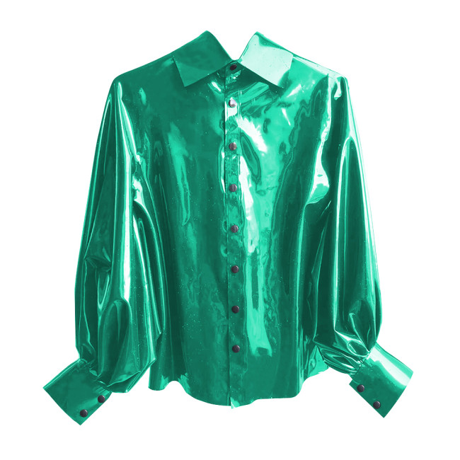 New Fashion Winter Clothes Women Shirt Shiny PVC Leather Lantern Sleeve Slim Fit Button Shirts Office Lady Casual Solid Tops