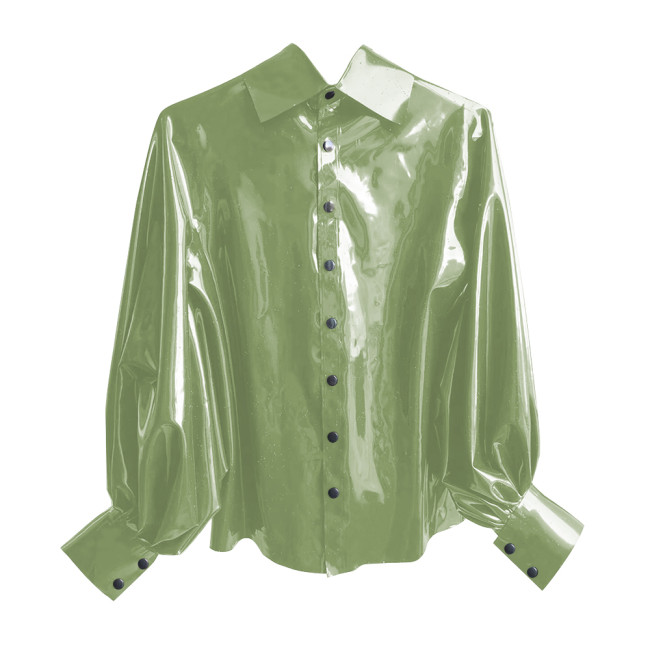 New Fashion Winter Clothes Women Shirt Shiny PVC Leather Lantern Sleeve Slim Fit Button Shirts Office Lady Casual Solid Tops