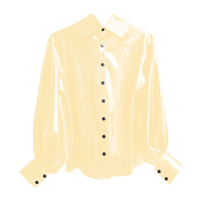 New Fashion Winter Clothes Women Shirt Shiny PVC Leather Lantern Sleeve Slim Fit Button Shirts Office Lady Casual Solid Tops