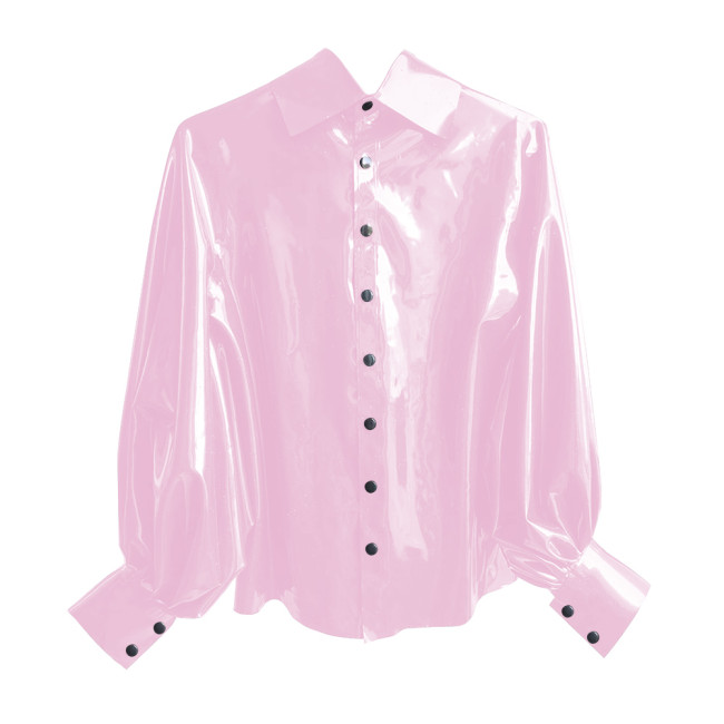 New Fashion Winter Clothes Women Shirt Shiny PVC Leather Lantern Sleeve Slim Fit Button Shirts Office Lady Casual Solid Tops