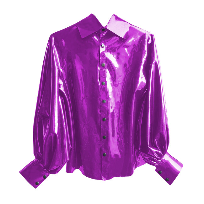 New Fashion Winter Clothes Women Shirt Shiny PVC Leather Lantern Sleeve Slim Fit Button Shirts Office Lady Casual Solid Tops