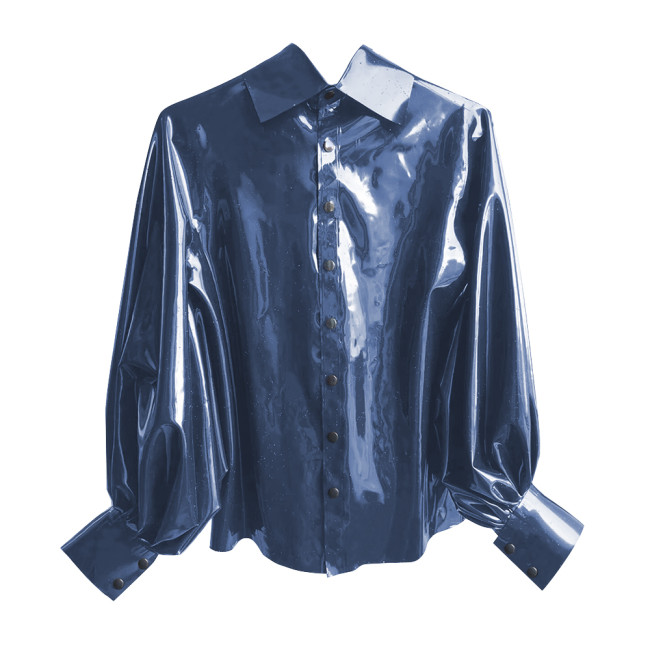 New Fashion Winter Clothes Women Shirt Shiny PVC Leather Lantern Sleeve Slim Fit Button Shirts Office Lady Casual Solid Tops