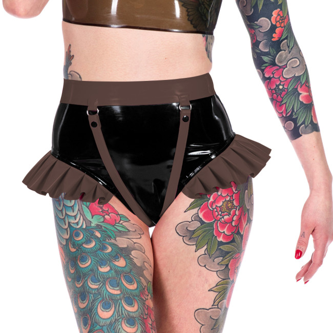 Fashion Novelty Patchwork Ruffled Hems Women Panties Faux Latex PVC Leather Sexy Underwear Sexy Ravely Party Pole Dance Lingerie