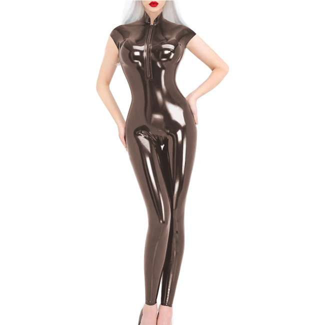 Short Sleeve Wet Look PVC Jumpsuit Party Stand Collar Womens Zipper Open Crotch PU Bodysuit Pole Dancing Leotard Sexy Catsuit