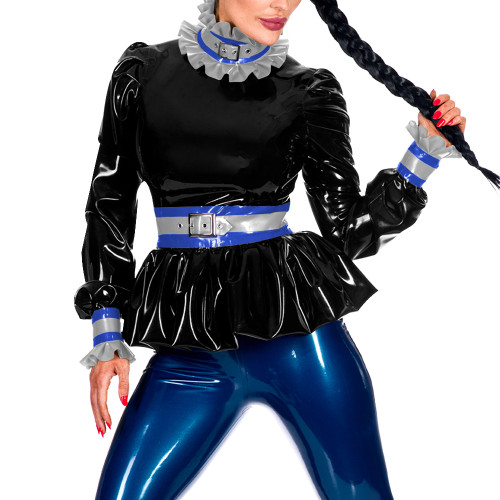 Fashion Frill High Neckline Long Puff Ruched Sleeve Women Blouse Sexy A-line Pleated Mini Slim Dress PVC Leather Novelty Shirt