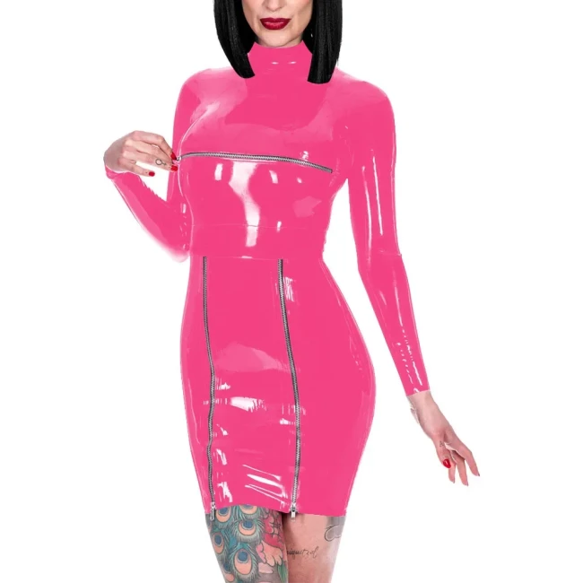 Novelty Back Zipper Wrap Hips Mini Dress Shiny PVC High Neck Long Sleeve Dress Exotic Front Zips Mistress Costume Party Wear