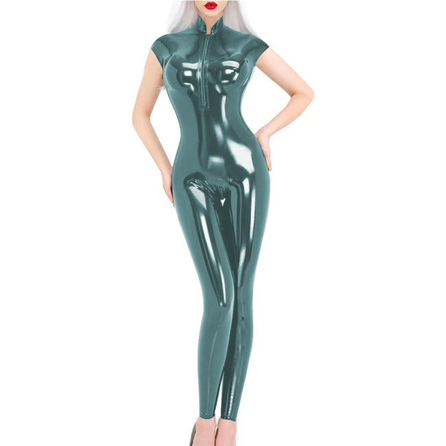 Short Sleeve Wet Look PVC Jumpsuit Party Stand Collar Womens Zipper Open Crotch PU Bodysuit Pole Dancing Leotard Sexy Catsuit