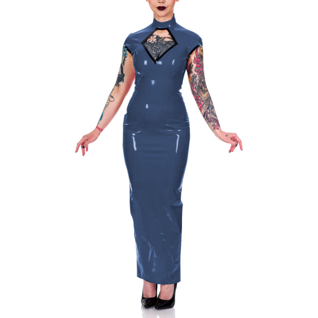 Women Mock Neck Short Sleeve Summer Dress Shiny PVC Leather Sexy Hollow Out Maxi Bodycon Dress Party Club Slit Back Pencil Dress