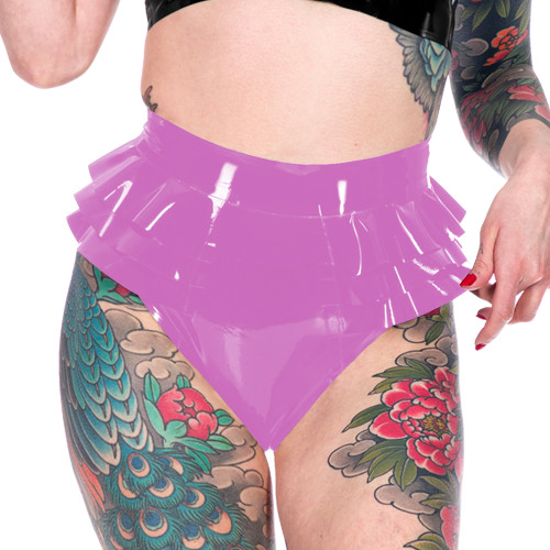 Novelty Triple Fold Ruffled Women Briefs Shiny PVC Leather Erotiic Hollow-out Underwear Fashion Casual Solid Color Lingerie
