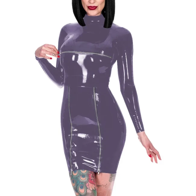 Novelty Back Zipper Wrap Hips Mini Dress Shiny PVC High Neck Long Sleeve Dress Exotic Front Zips Mistress Costume Party Wear