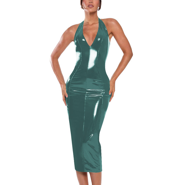 Sexy Halter V-neck Dress Ball Gowns Shiny PVC Leather Sleeveless Backless Hip Wrap Ankle Length Pencil Dress for Club Cocktail