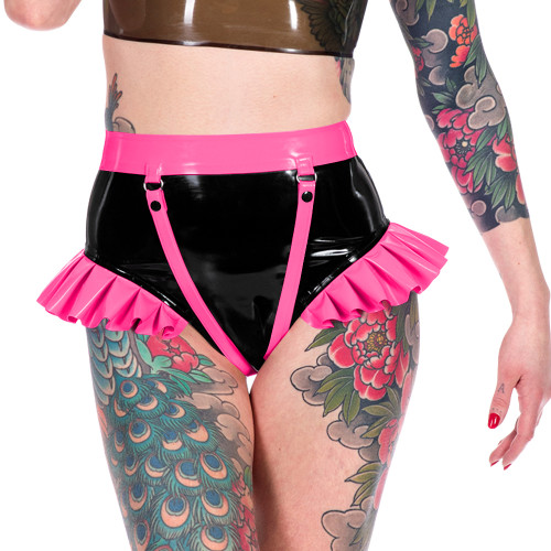 Fashion Novelty Patchwork Ruffled Hems Women Panties Faux Latex PVC Leather Sexy Underwear Sexy Ravely Party Pole Dance Lingerie