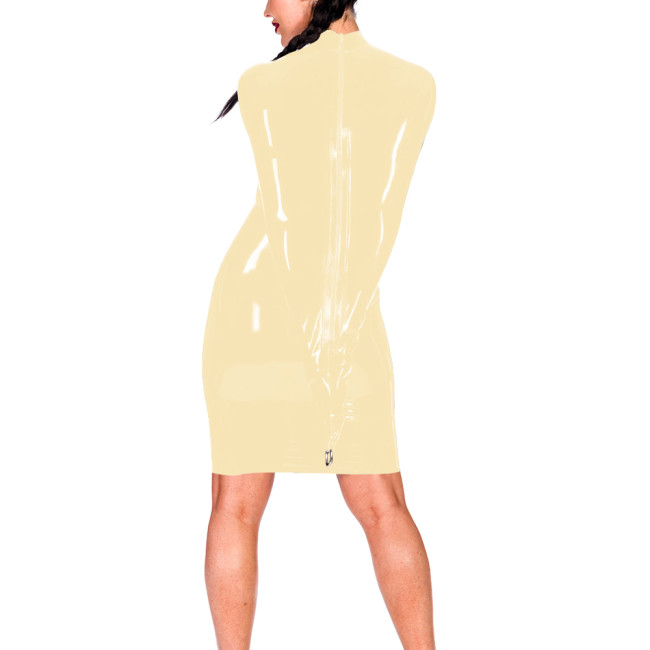 Novelty Wetlook Restraint Dress with Back Zipper Sexy Turtleneck Full-Length Sleeve Sheath Mini Dress Shiny PVC Mistress Costume