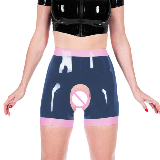 Shiny PVC Leather Faux Latex Women Exotic Open Crotch Spanking Pants Crotchless Short Leggings Novelty Patchwork Sexy Trousers